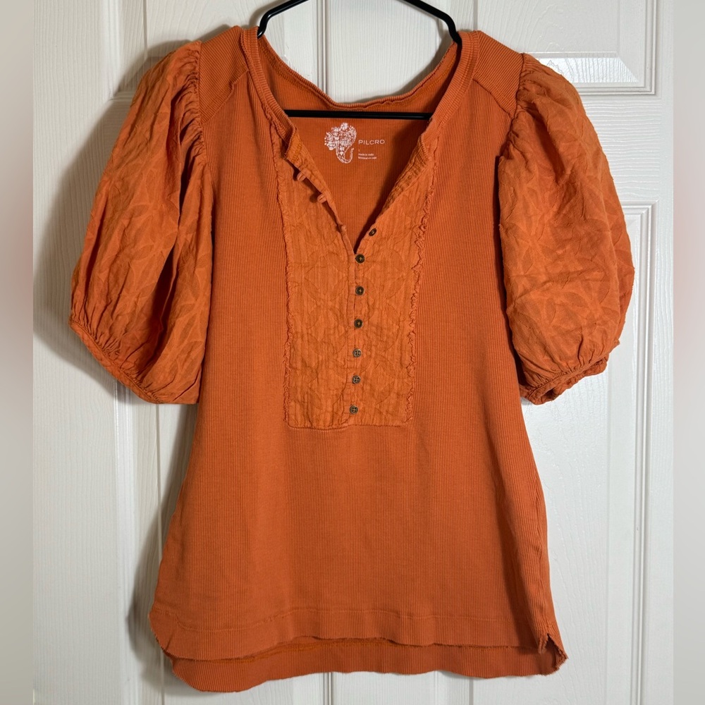 Pilcro Anthropologie Orange Puff Sleeve Henley Top Textured Cotton‎ Blend Sz L